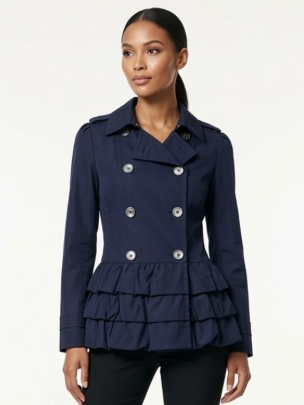 Navy Express Cotton Blend Double-Breasted Ruffle Hem Peacoat ( Size:m)